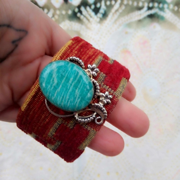 ❤ Artisan Amazonite Gemstone Kilim Cuff Bracelet, Real Silver! - Picture 5 of 13
